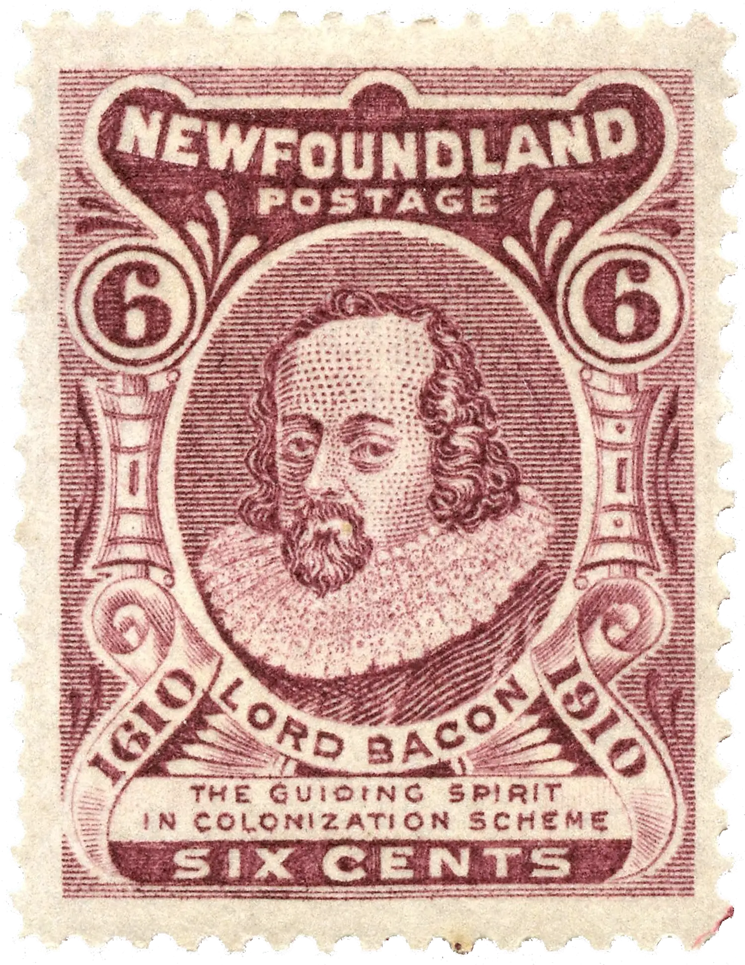 A stamp showing the bust of “Lord Bacon”. It is captioned “the guiding spirit in colonization scheme.”