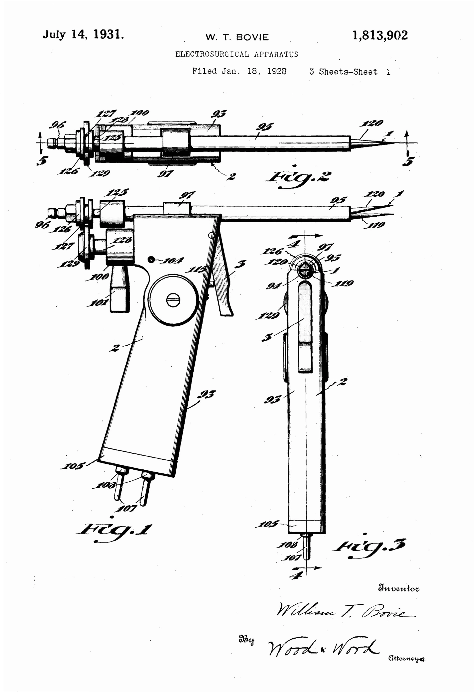 Patent diagram dated July 14, 1931 of an electrocautery surgery device shaped like a handgun. The diagram details the mechanisms and circuitry of the device.