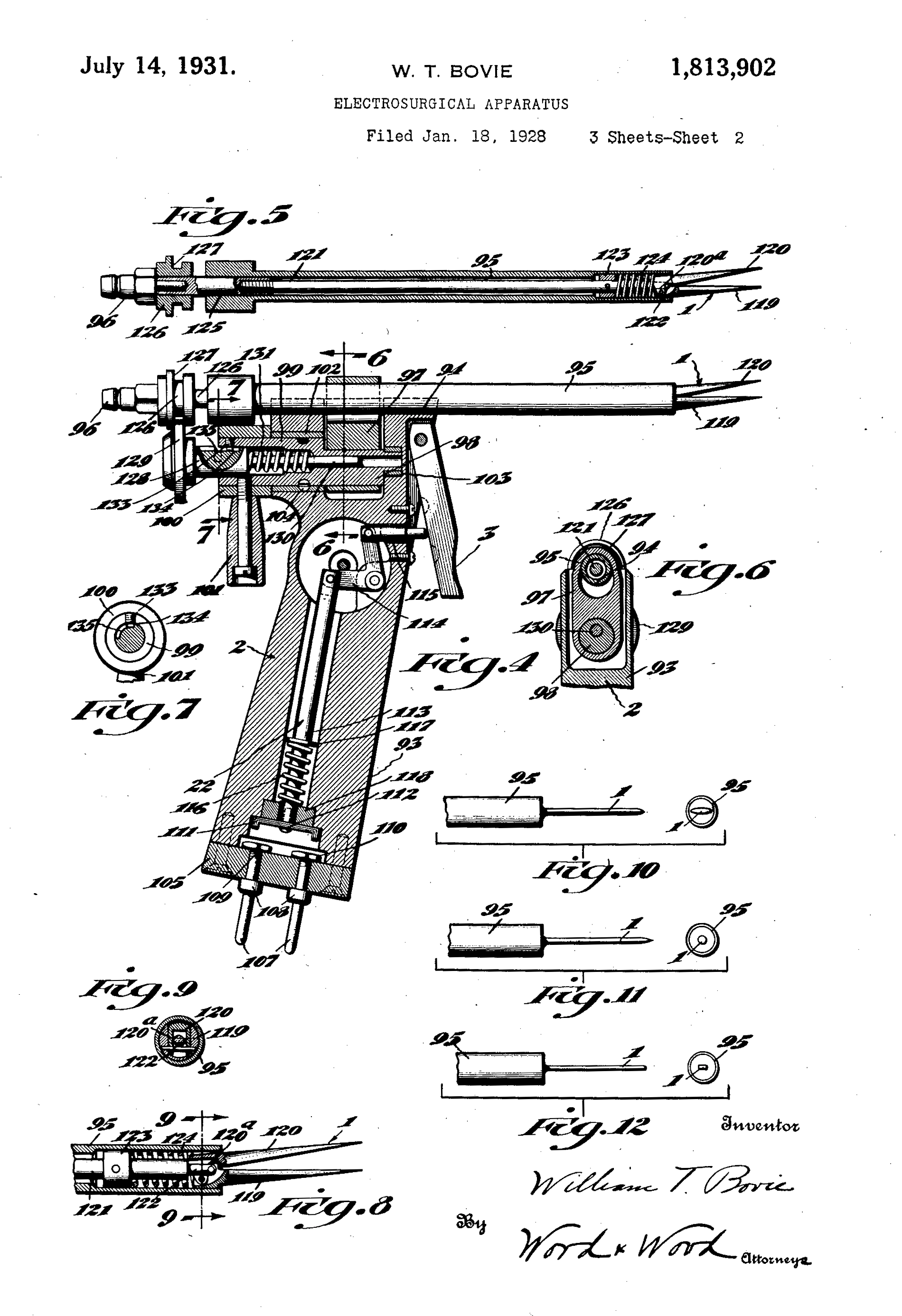 Patent diagram dated July 14, 1931 of an electrocautery surgery device shaped like a handgun. The diagram details the mechanisms and circuitry of the device.