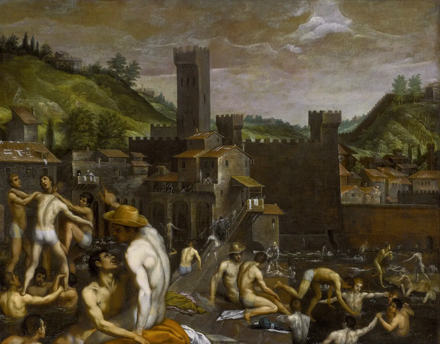 A bathhouse scene at the edge of a town with a large castle. The bathhouse is filled with scantily clad men lounging, dancing in the water, and playing with each other.