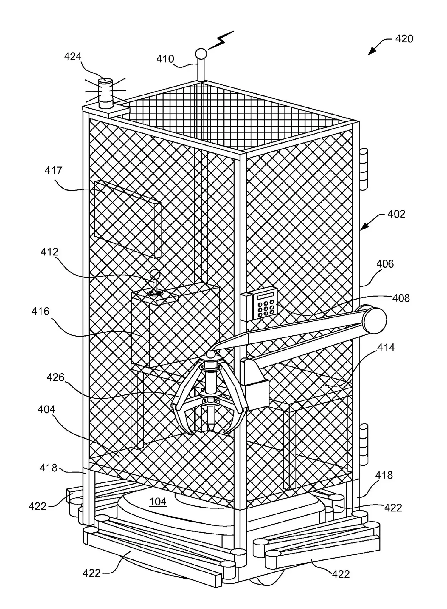 A robotic base mounted with a mesh cage. Inside the cage is a controller and outside is a robotic arm.