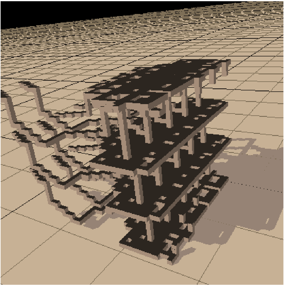 A 3D visualization showing a complex structure made of interlocking black and grey blocks, resembling a table with many legs, rendered on a grid.