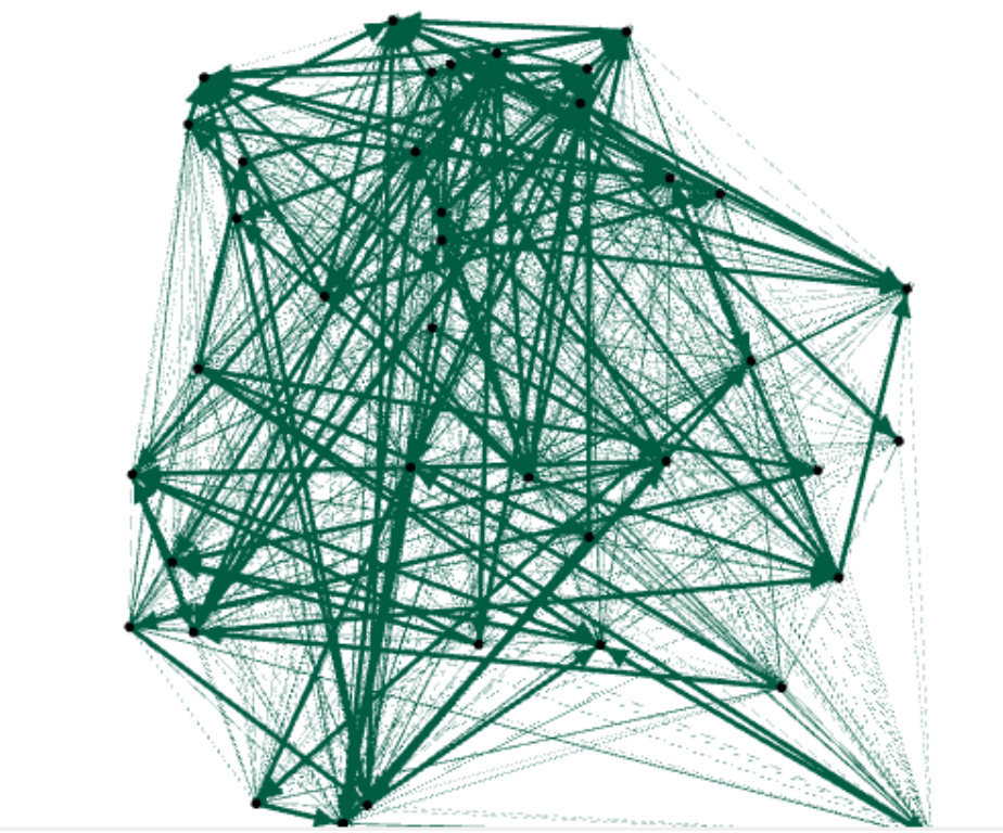 A complex, dense network of green lines connecting various points, forming a highly interconnected structure.
