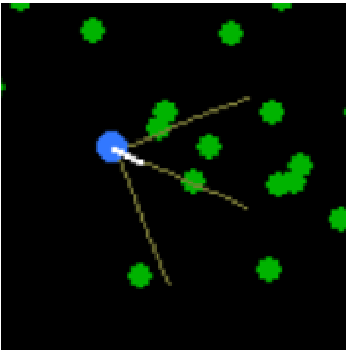 A close-up of a single blue agent showing its three yellow lidar rays detecting nearby green resources.