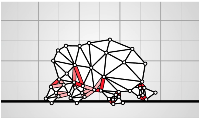 A 2D soft-body virtual creature composed of a network of nodes and springs, with some internal springs highlighted in red indicating active actuation.