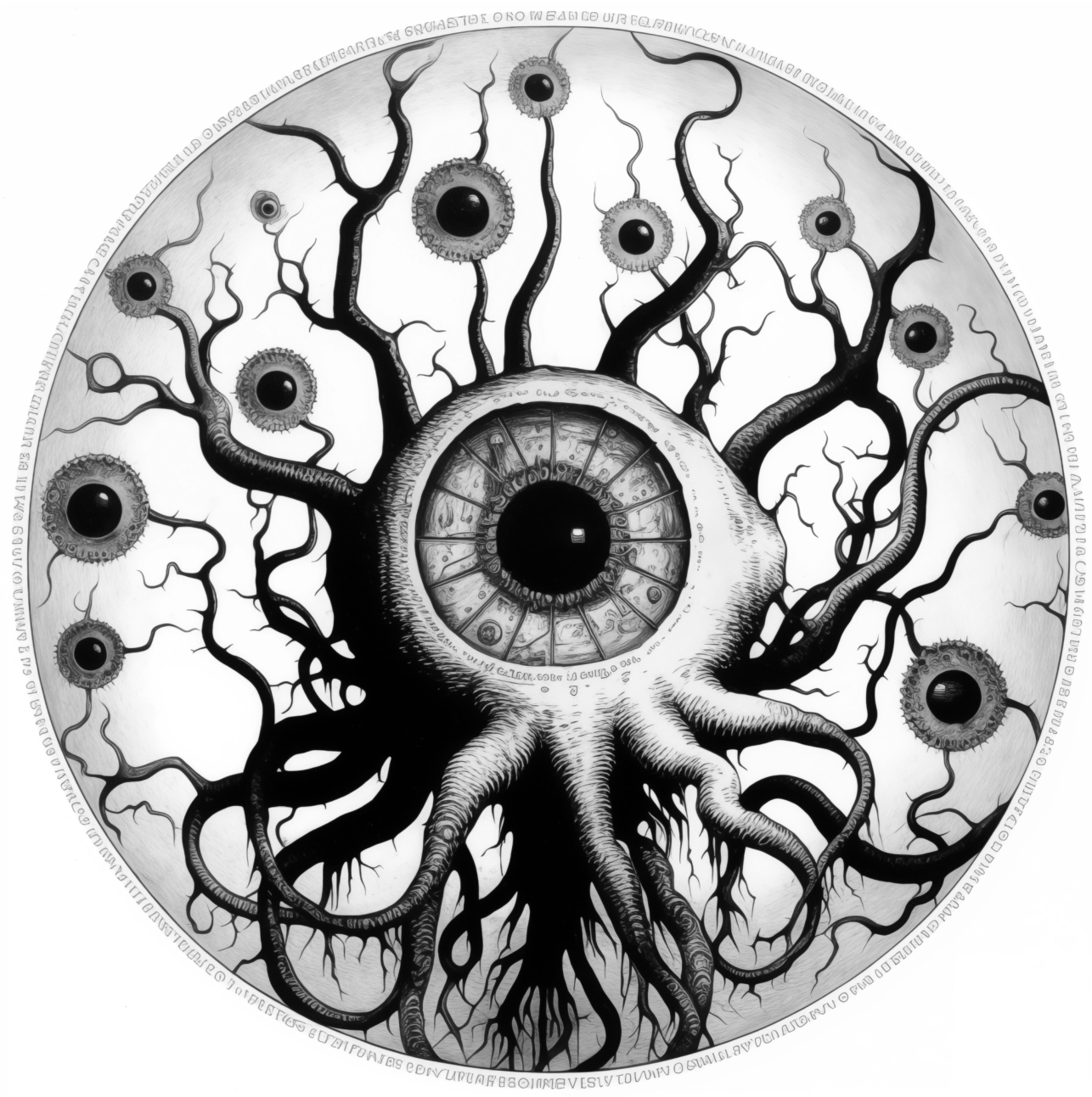 A large central eye surrounded by smaller eyes on branching, root-like tentacles within a circular frame.