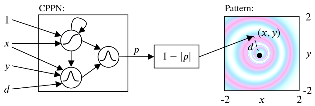 Diagram of a Compositional Pattern Producing Network (CPPN) mapping coordinates and distance to a visual pattern.