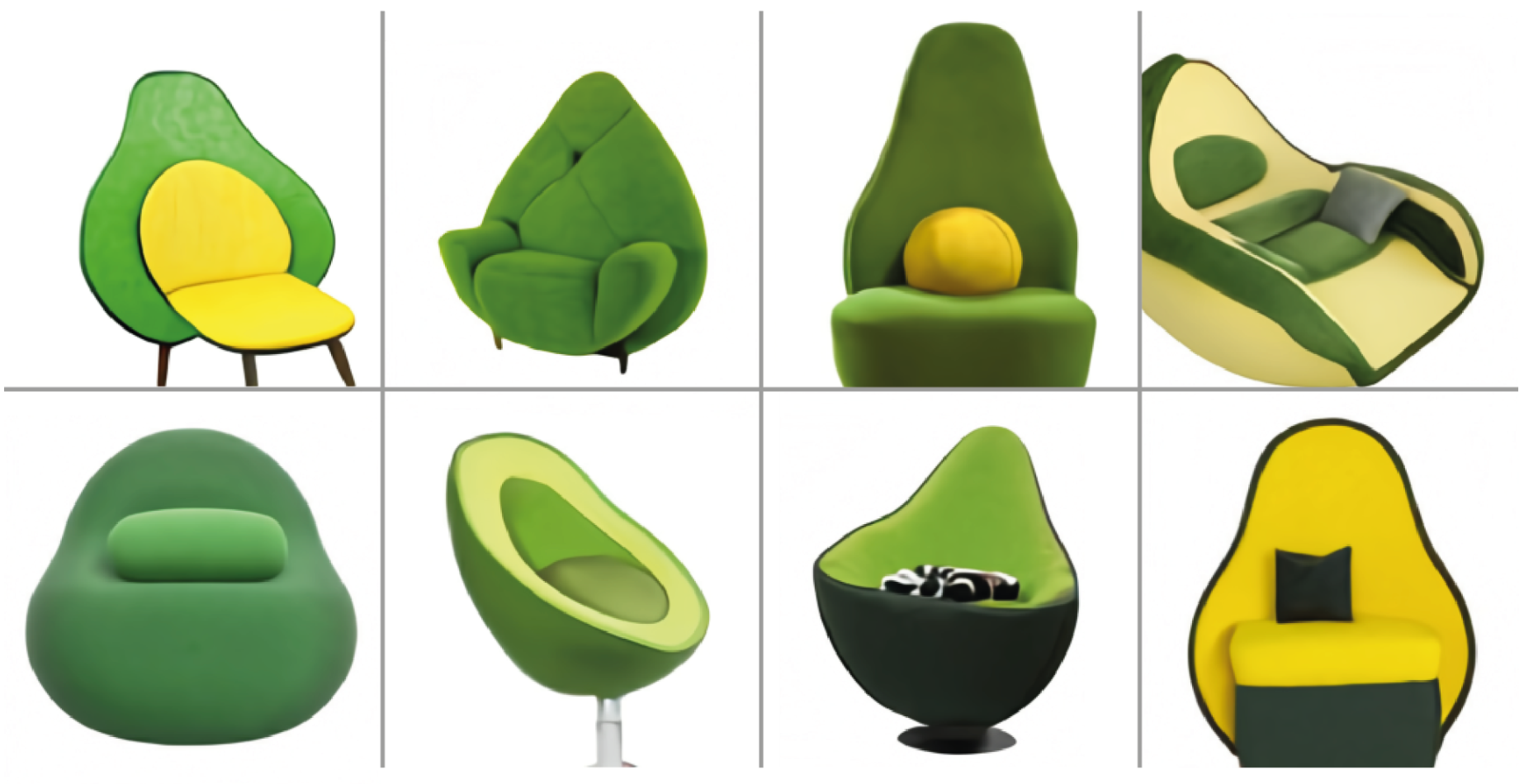 A grid of eight images showing different artistic interpretations of chairs designed to look like avocados.