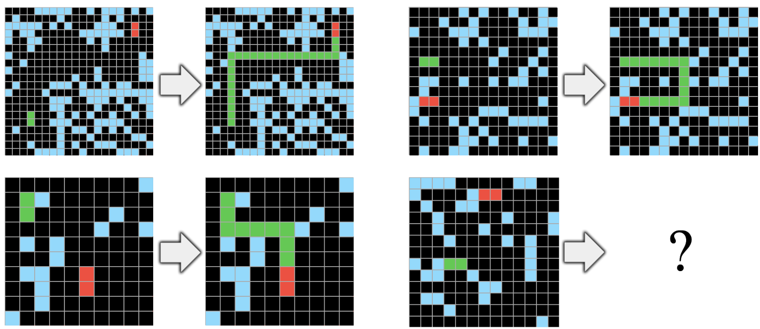 Grid-based logic puzzles showing transformation rules for lines and obstacles.
