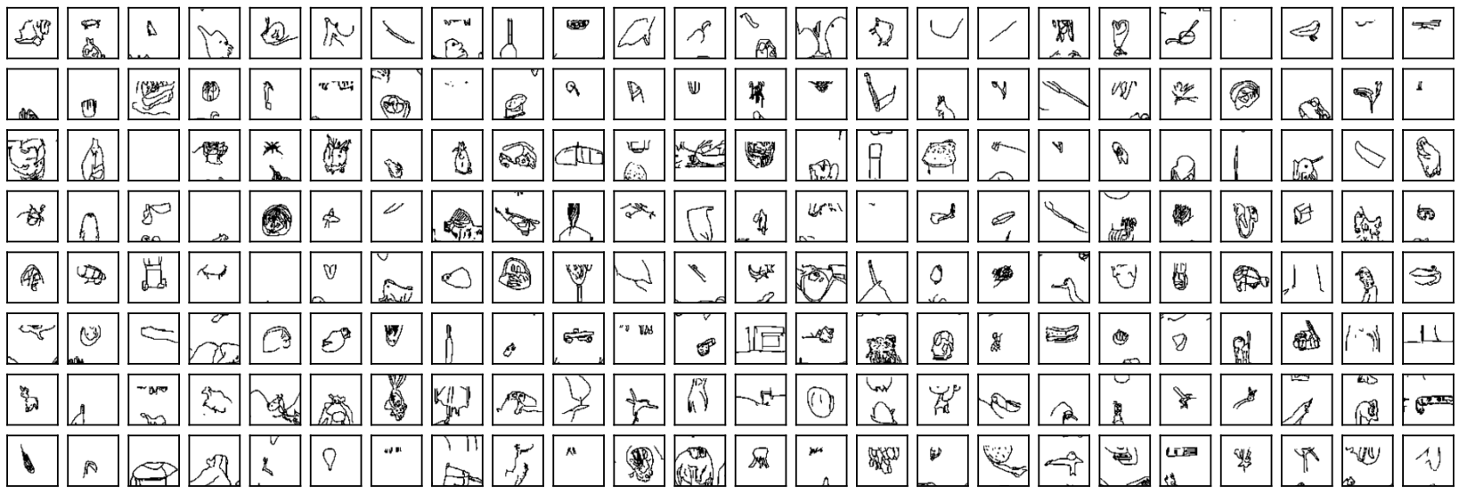 A grid of human-drawn sketches of various objects followed by a grid of similar AI-generated sketches.