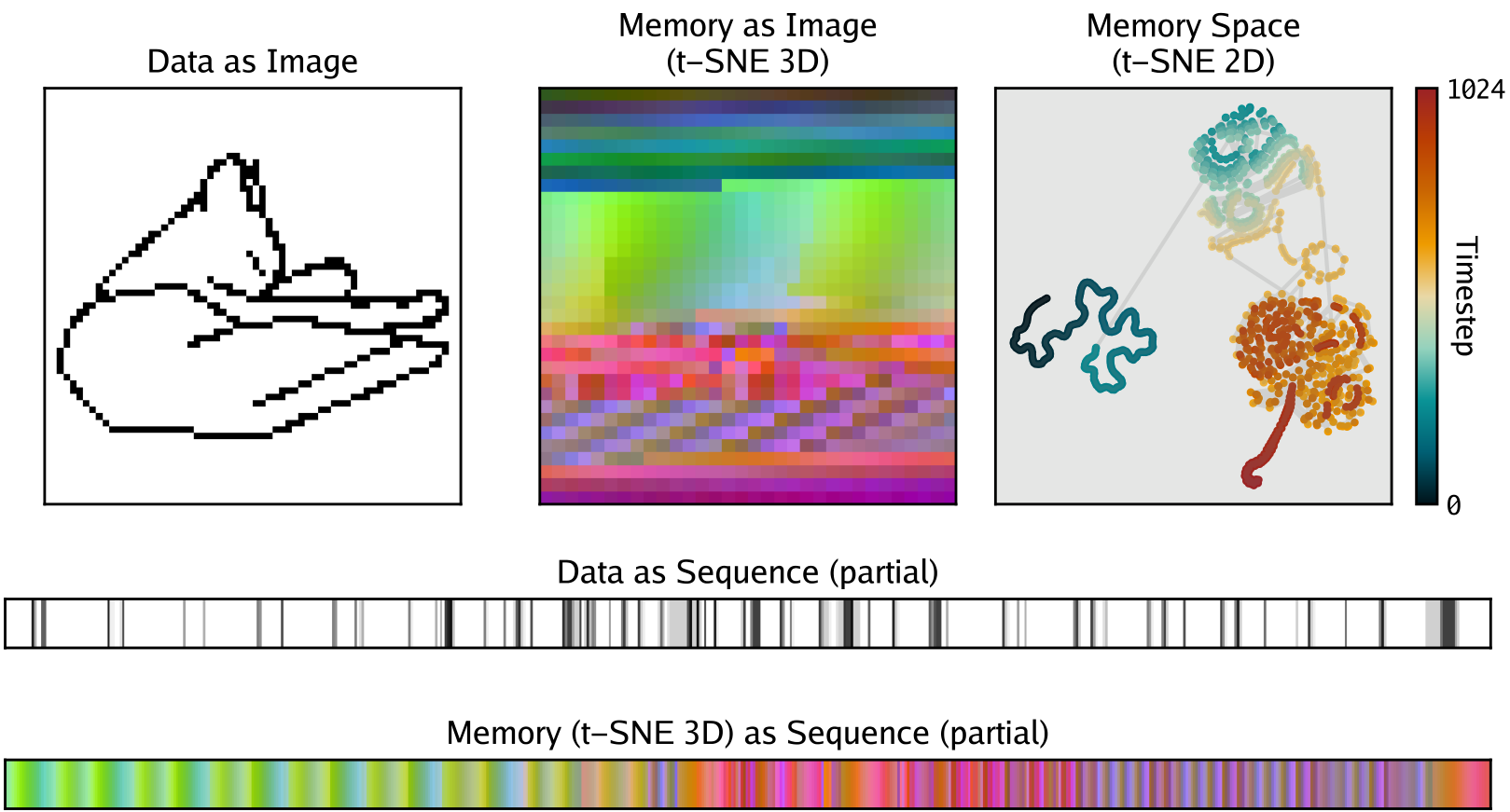Visualization of an RNN processing the Attneave's Cat image across different representations: 2D image, 3D and 2D t-SNE memory projections, and flattened sequences.