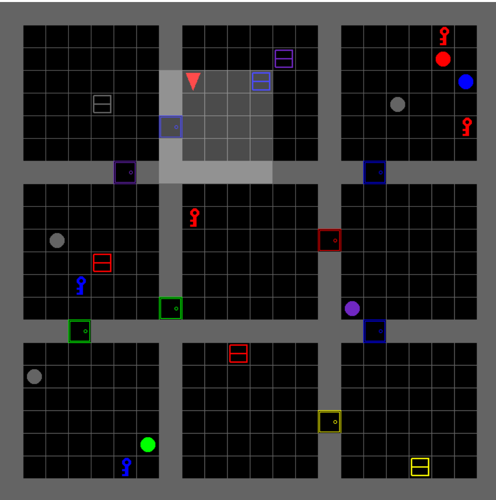 A top-down view of a grid-based environment with multiple rooms connected by doors. Various objects like keys, balls, and boxes of different colors are scattered throughout.