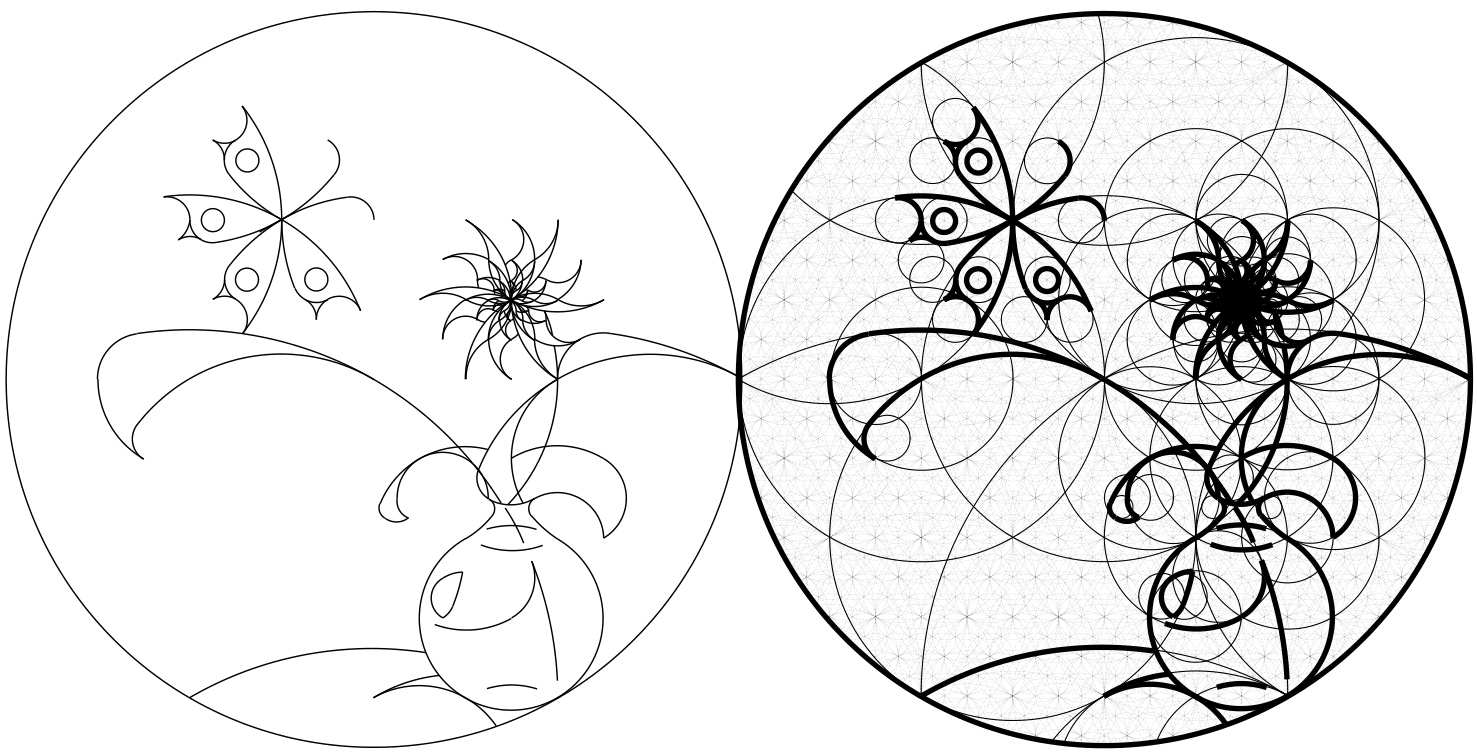 Two circles: the left contains a line drawing of a butterfly and a vase with a flower; the right shows a complex geometric mesh of overlapping fractal circles.