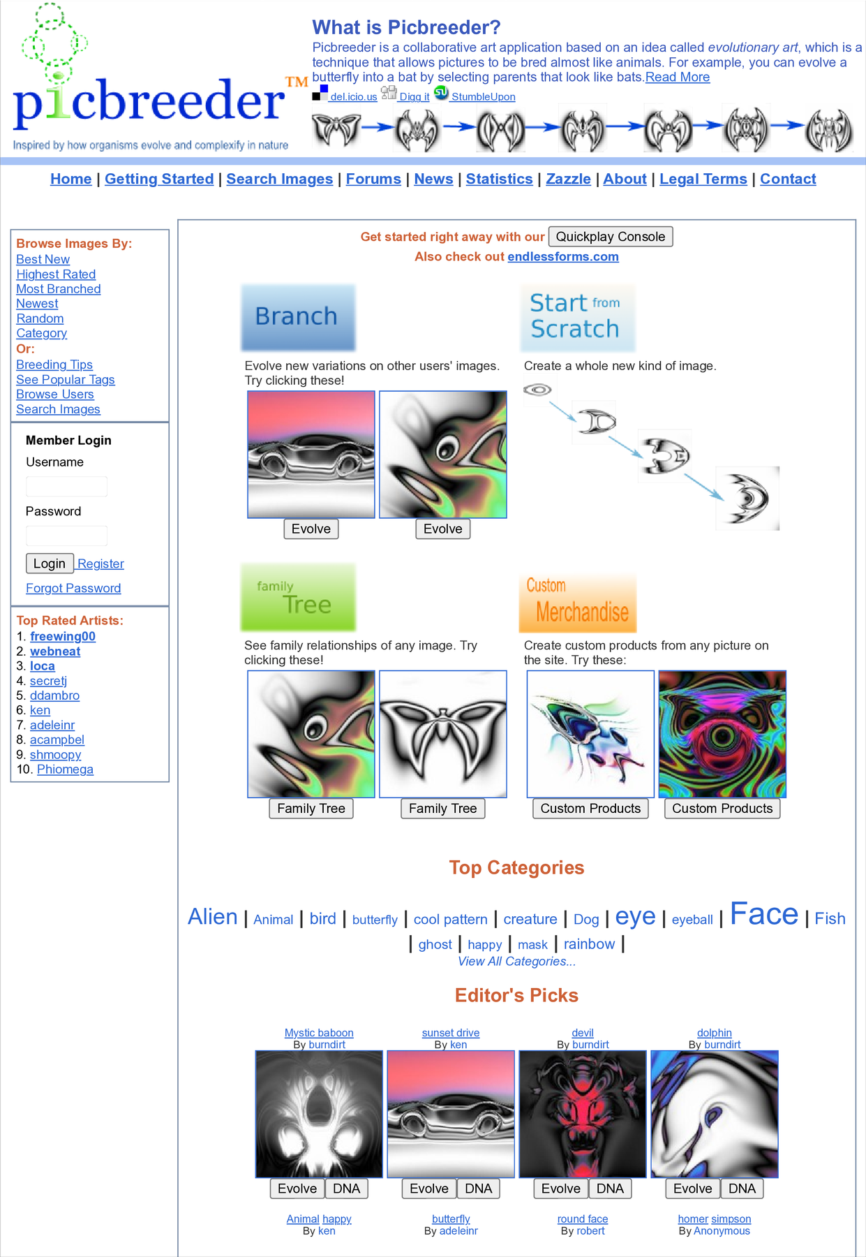 The Picbreeder website, page 1 of 3—click to open our AI re-creation