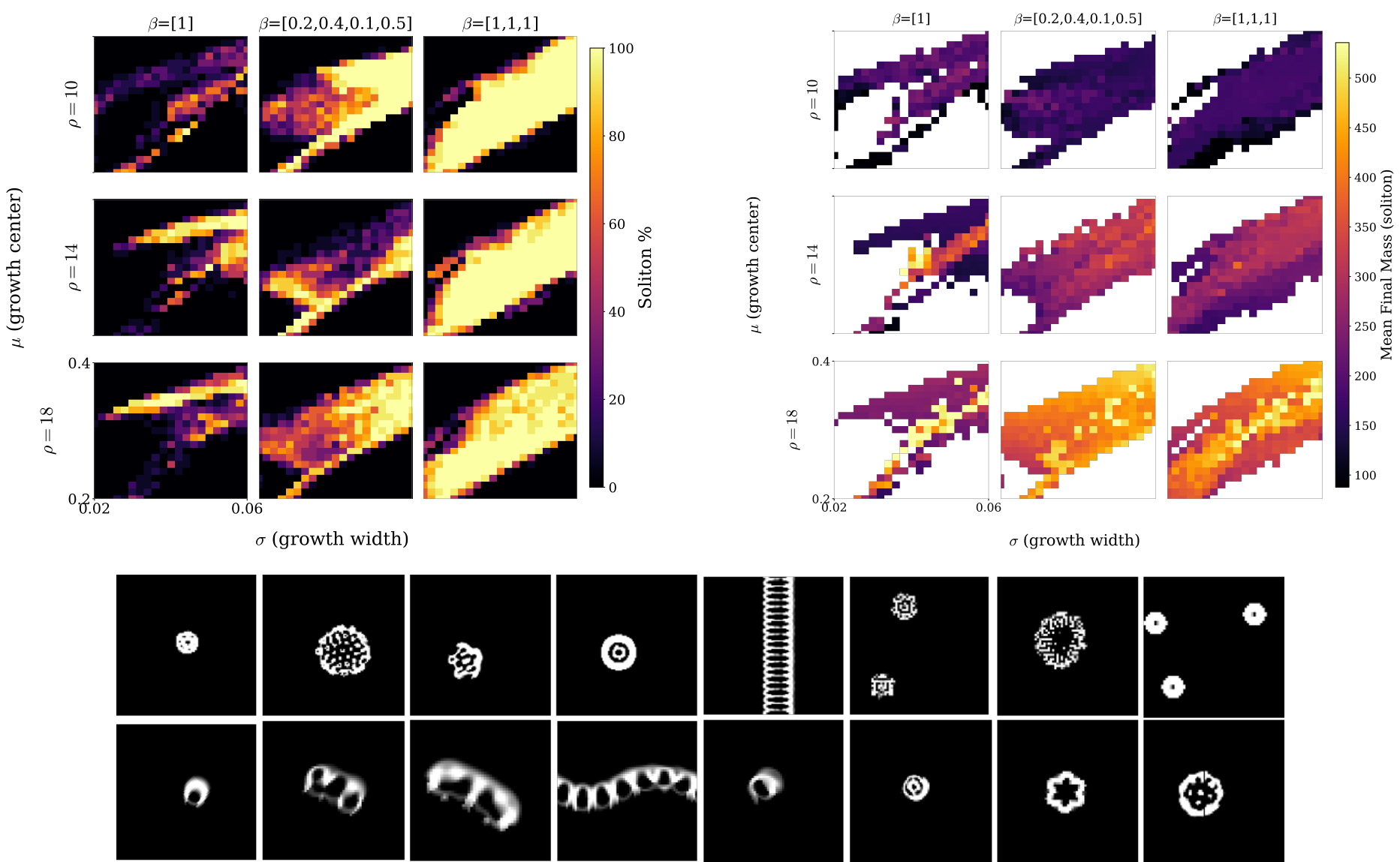 A collection of heatmaps and grids showing soliton formation rates and masses, alongside various grayscale images of discovered soliton shapes.