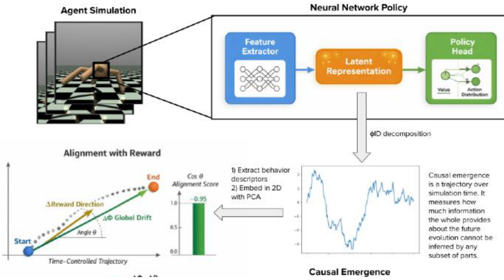 A diagram showing the approach for computing causal emergence alignment: an agent simulation feeds into a neural network policy, whose latent representations are analyzed via phi I D decomposition to produce a causal emergence score, which is then compared to reward alignment.