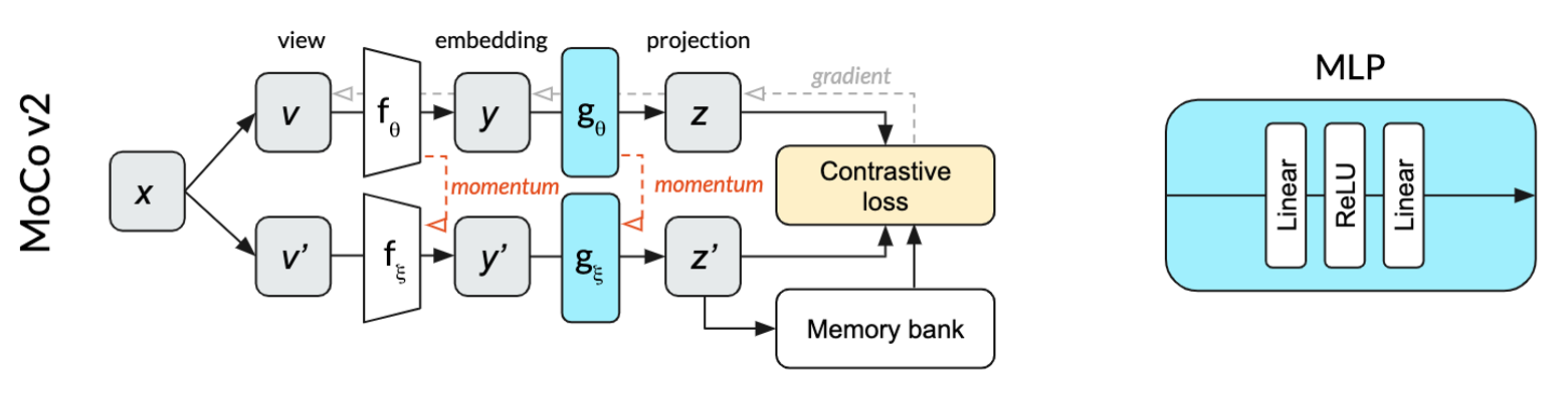 MoCo v2 architecture. Top row is online encoder, bottom row is momentum encoder.