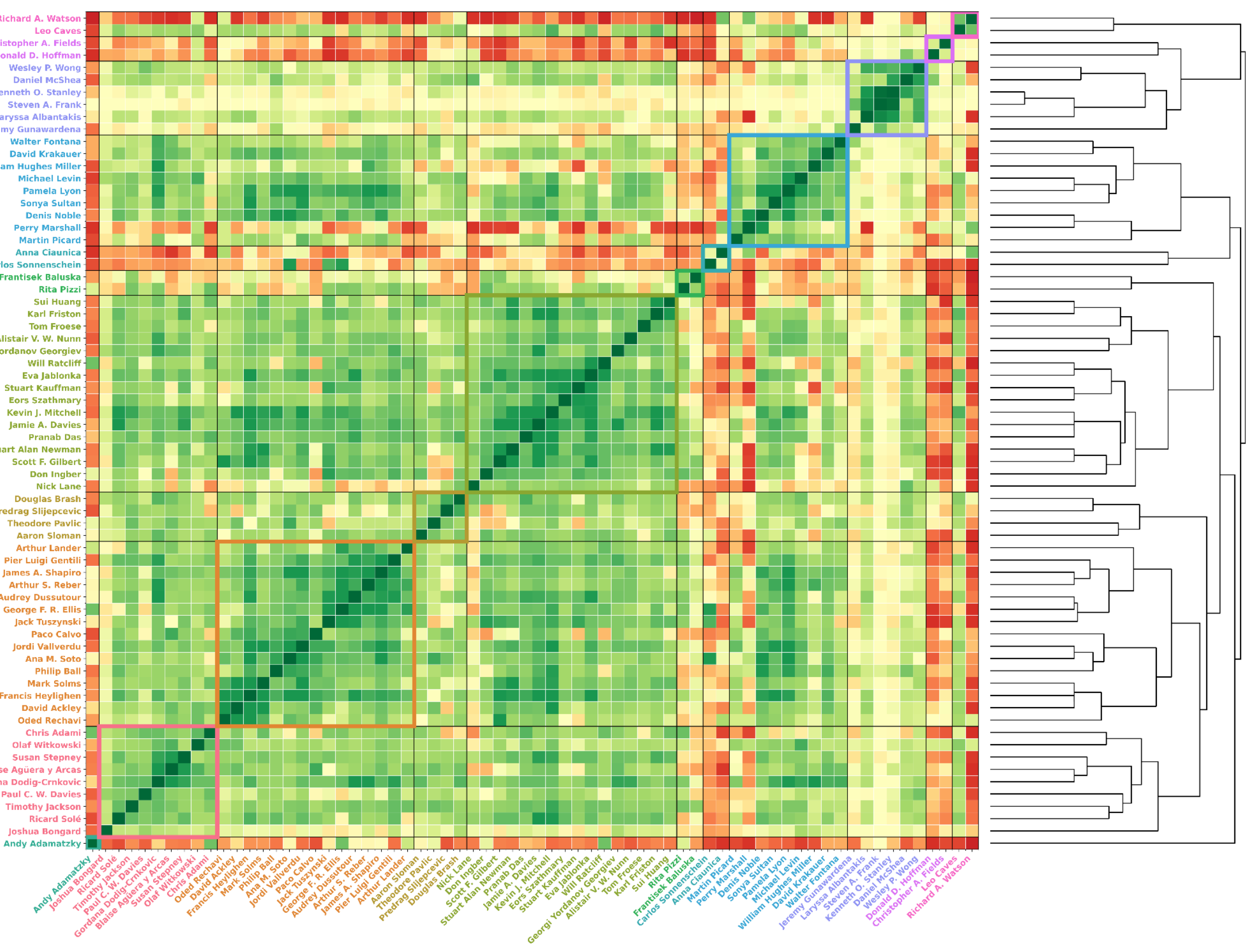 A large heatmap showing clustered definition correlations between various authors, with a dendrogram on the right side and names of researchers along the axes.