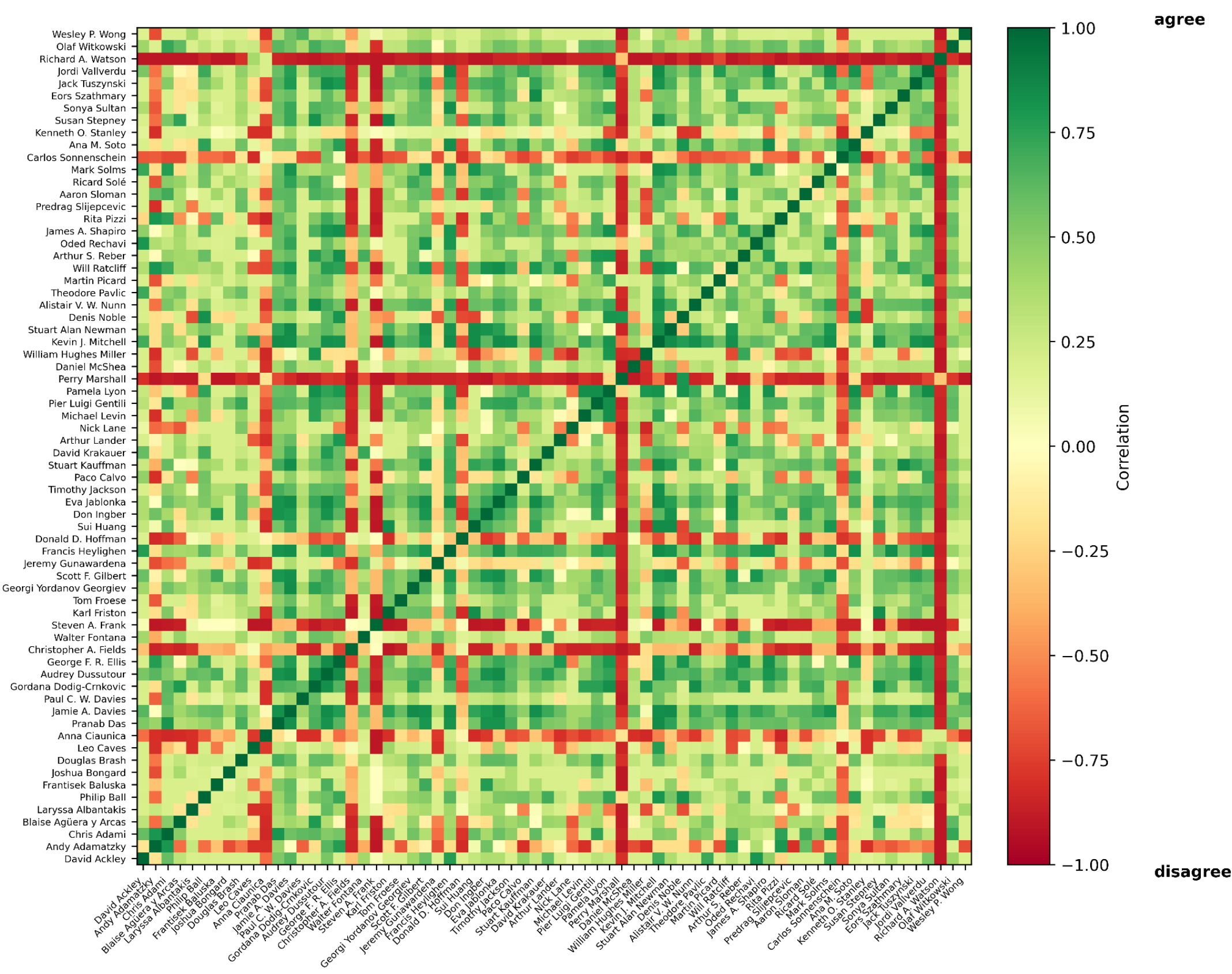 A large heatmap titled "Definition Correlation - Llama 3.3 70B Instruct" showing a correlation matrix between various researchers and thinkers on the definition of life. The axes list dozens of names including David Ackley, Andy Adamatzky, Karl Friston, and others. The color scale ranges from dark red (disagree, -1.00) to dark green (agree, 1.00), with a prominent green diagonal line where each individual correlates perfectly with themselves.